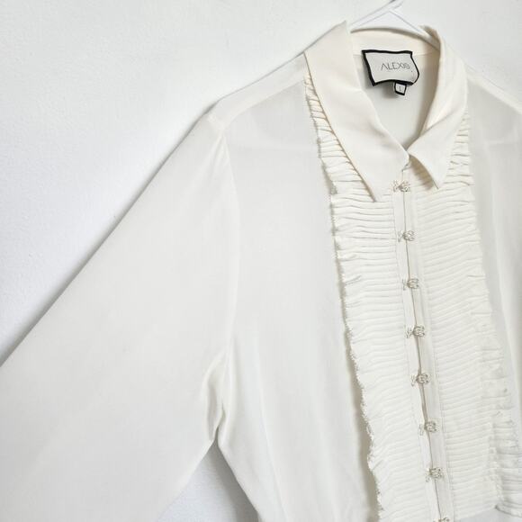 ALEXIS Silk Off White Blouse L Military Retro Inspired Quiet Luxury Office Party - Picture 4 of 8